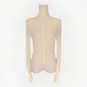 Oak + Fort Sheer Cream Mesh Long Sleeve Top XS/S Ruched Sleeve Boho Fairy Preppy